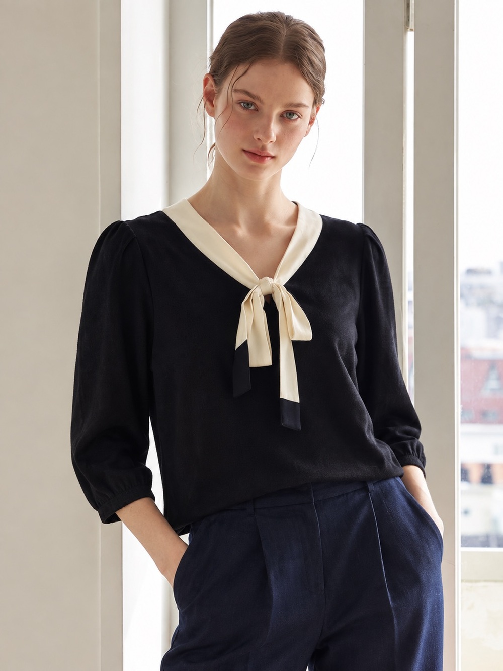 TULIP B | Black Top with Cream Sailor Collar and Tie